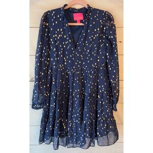 Lilly Pulitzer Navy Gold Metallic Silk Polka Dot Tiered Mini Dress Size 4